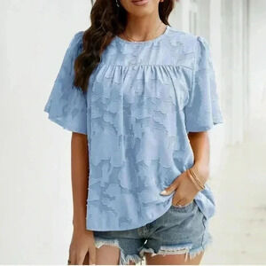 ❤️ Short Bell Sleeve Blouse Crewneck  Medium Tops Floral Blue Textured Shirt